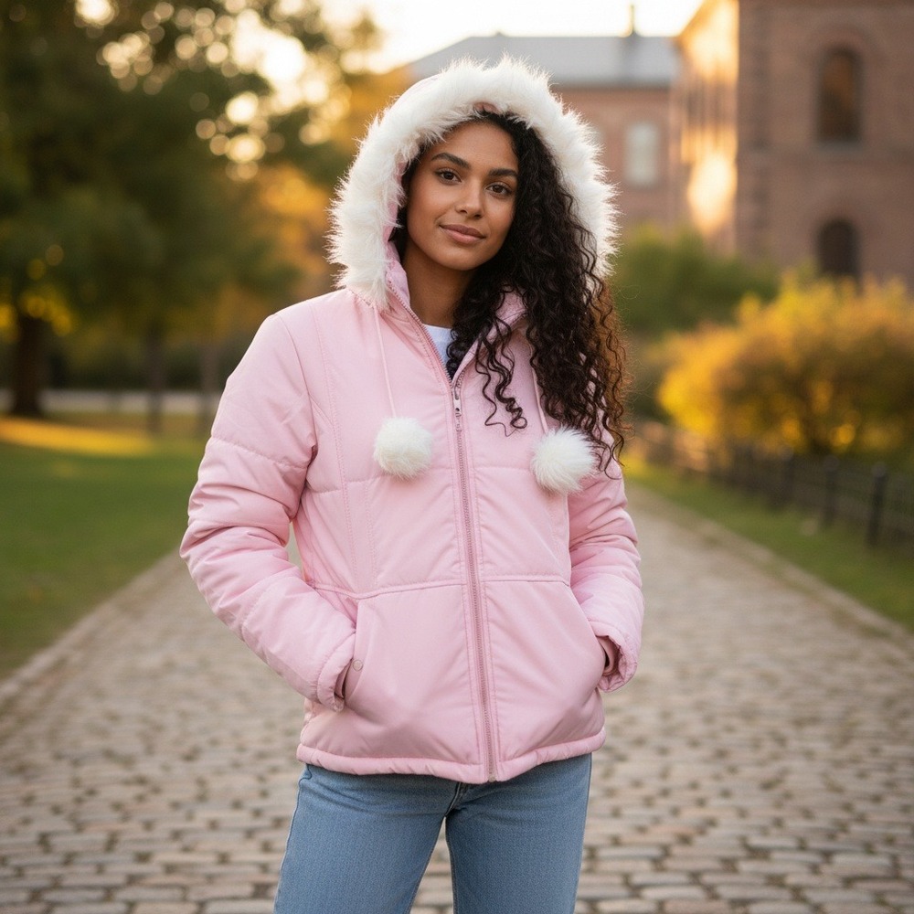 Vintage Southpole Girls Pink Hooded Puffer Jacket with Fur‎ Trim Size M NWT